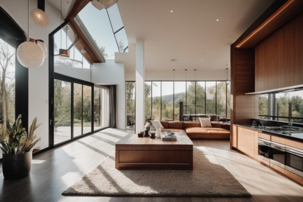 Modern home interior with sun control window film, reducing glare and heat