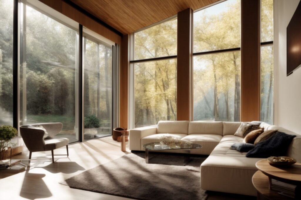Home interior with solar control window film protecting furnishings from sunlight