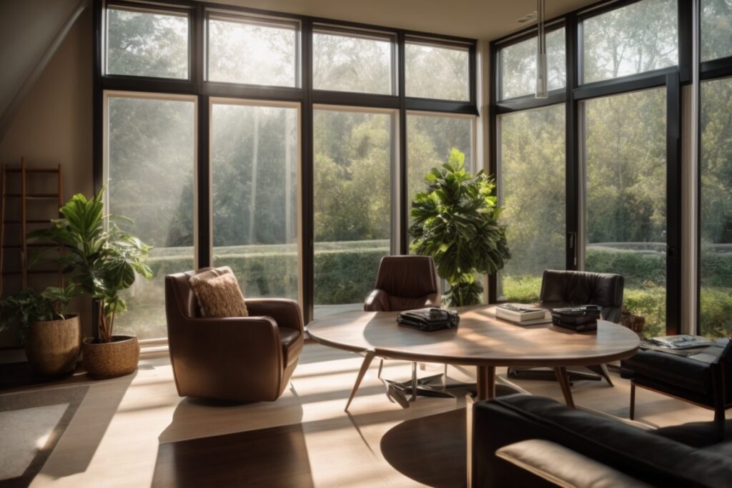 Interior home office with energy saving window film blocking sunlight