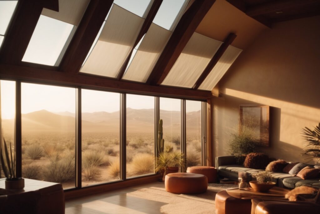 Desert home interior with sunlight filtering through window films