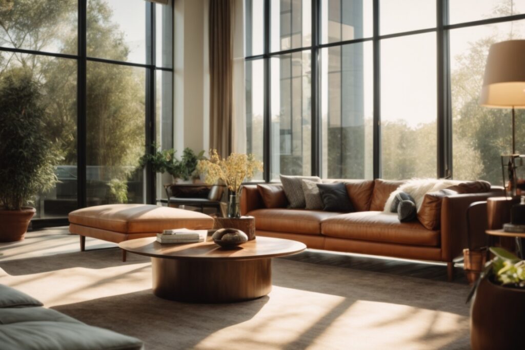 Modern living room with sunlight filtering through glare window film
