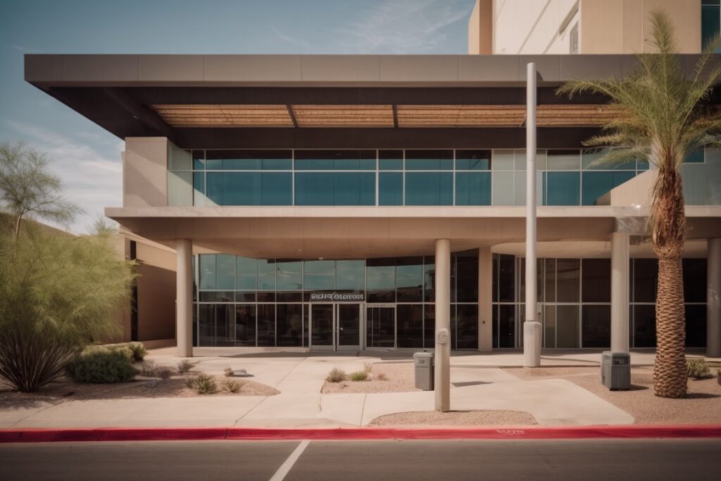sunny Phoenix commercial building with tinted windows