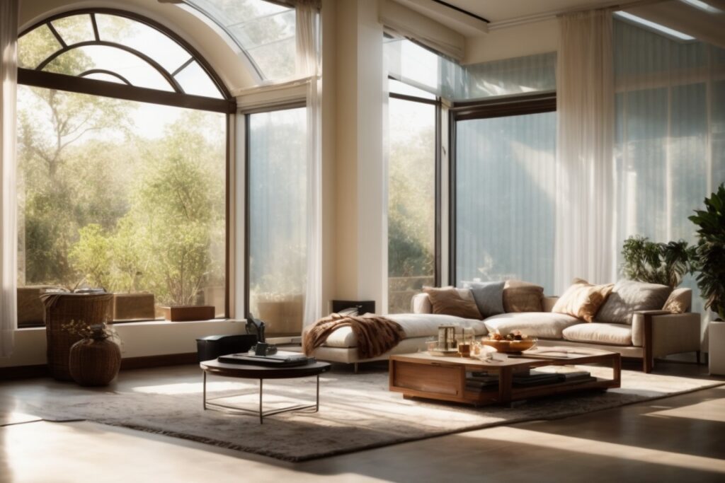 Interior home scene with UV blocking window film installed, sunlight filtered through windows