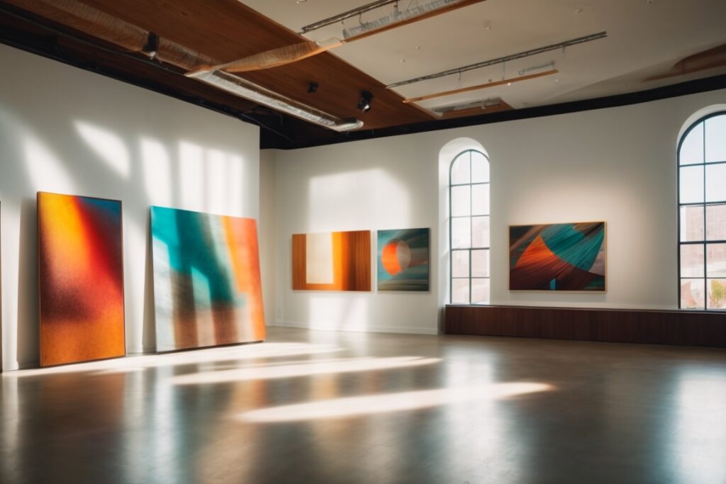Art gallery interior with vibrant art pieces and sunlight filtering through fade prevention window film