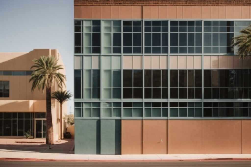 Commercial building in Phoenix with opaque windows and sun glare