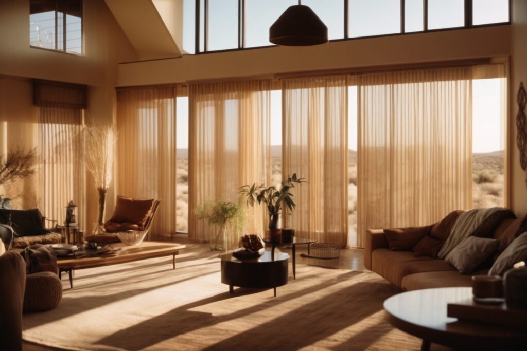 Interior of a home with low-E window film reflecting sunlight, desert view outside