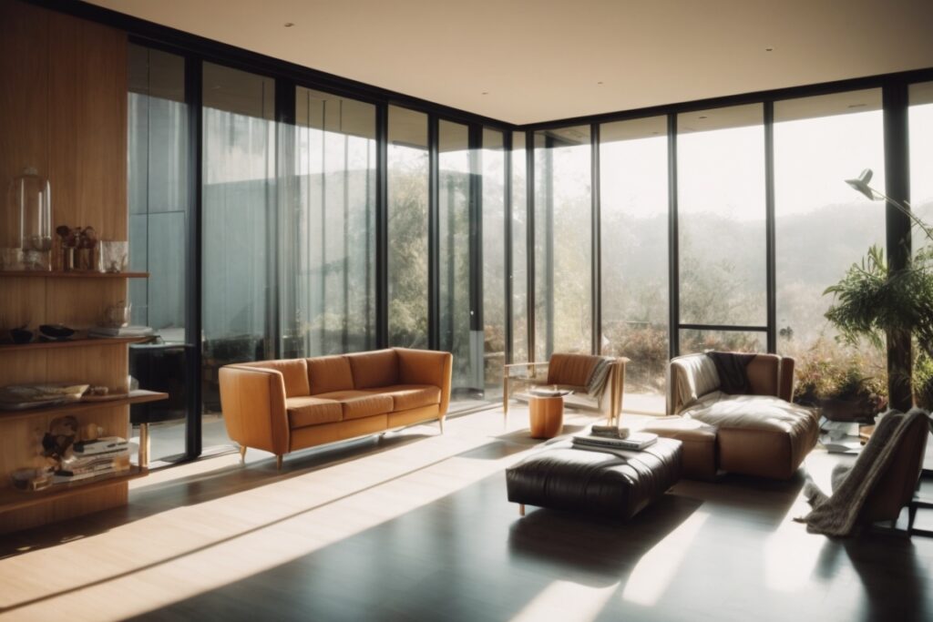 Modern home interior with low-E glass windows reflecting sunlight