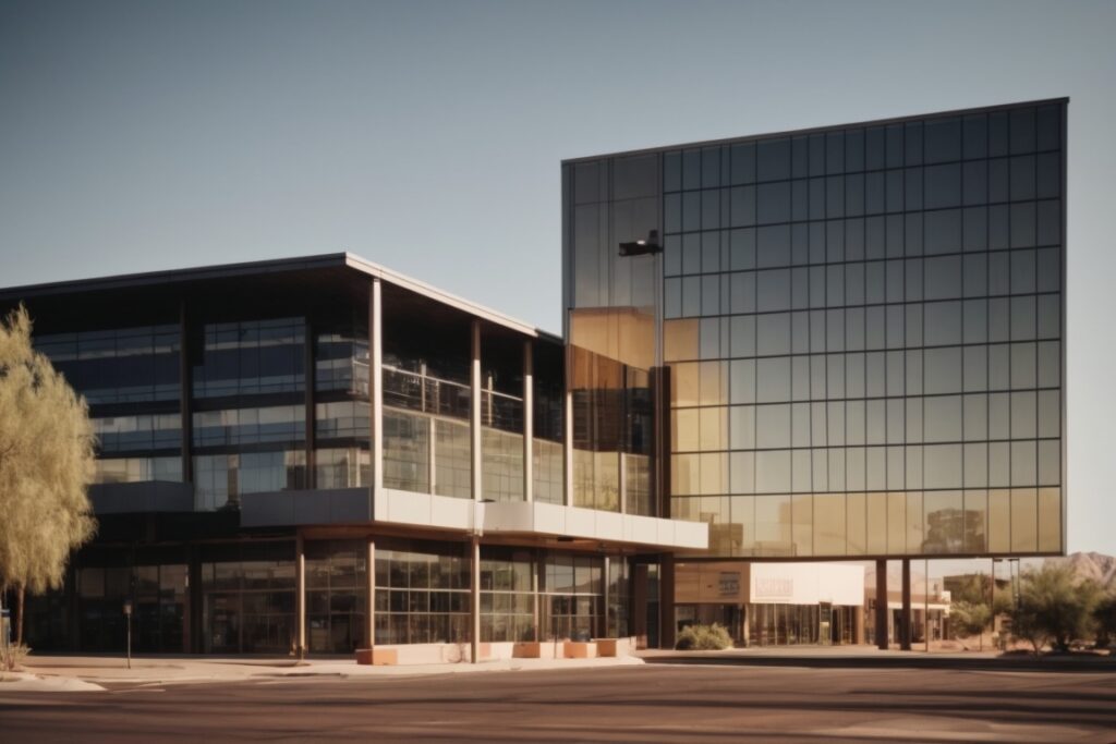 Commercial building in Phoenix with tinted windows reflecting sunlight