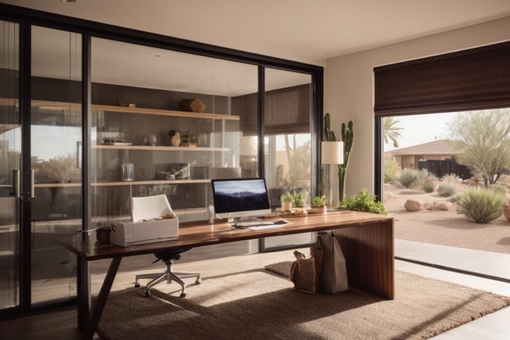 interior home office in Phoenix with solar window film reflections