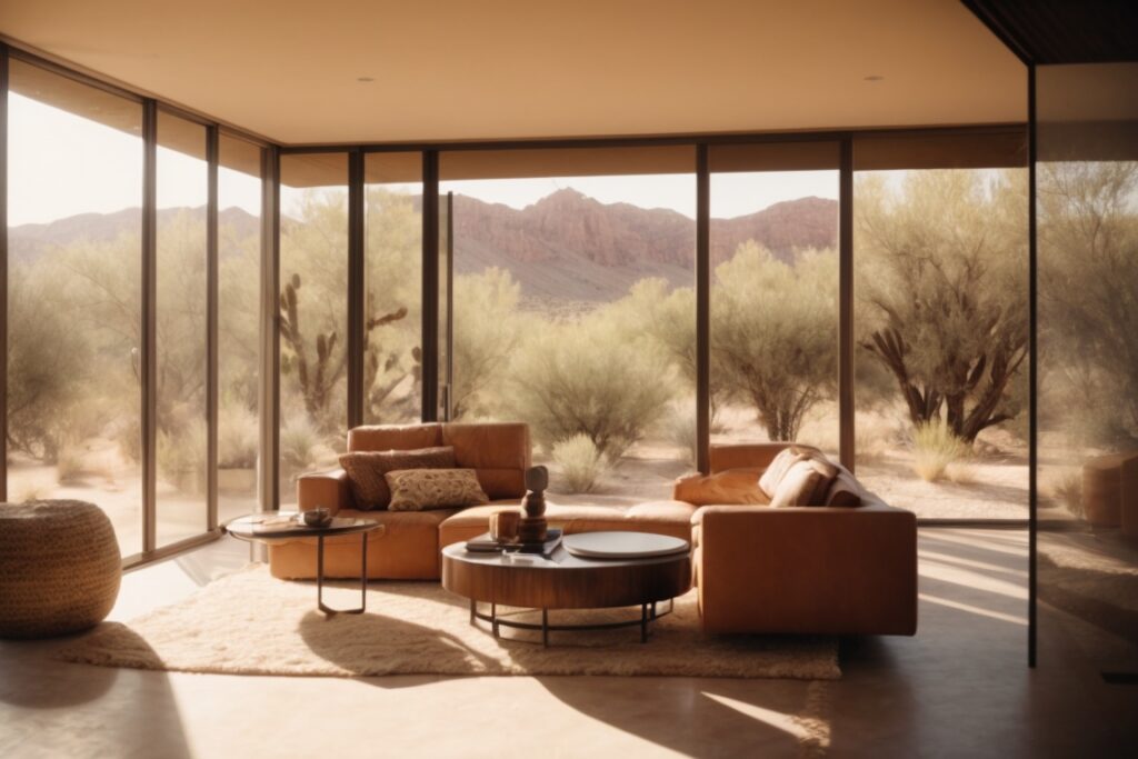 sunlit living room with tinted windows in desert home