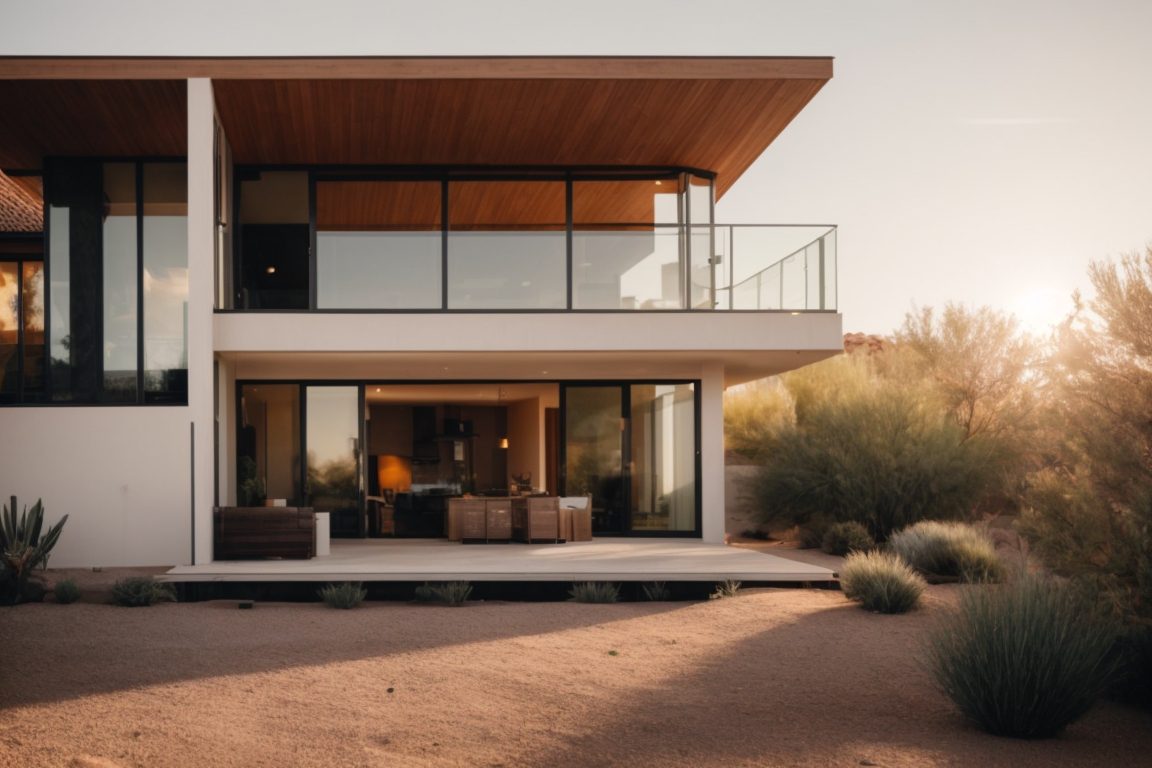 Modern house exterior in Phoenix with low-e glass windows reflecting sunlight