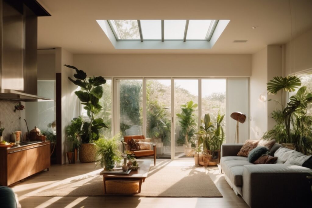 Interior sunlit home with visible window film protection, energy-efficient lighting, and vibrant indoor plants
