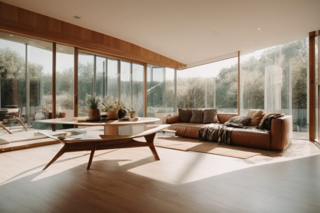 Home interior with visible window tinting blocking sunlight