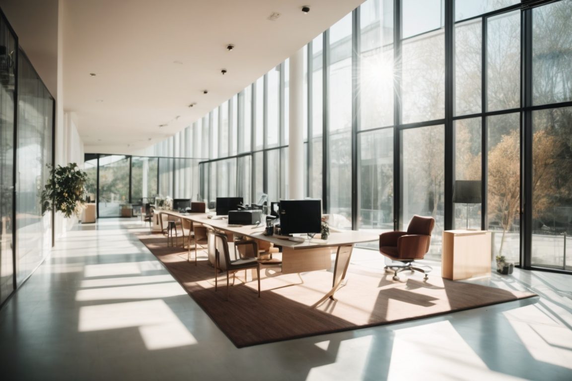 Modern office with glare window film applied, showing bright sunlight outside and comfortable, stylish interior space