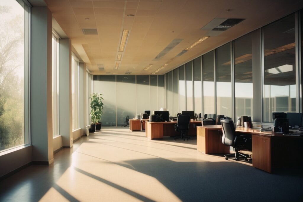 Interior of a Phoenix office with Low-E window films, sun rays filtered