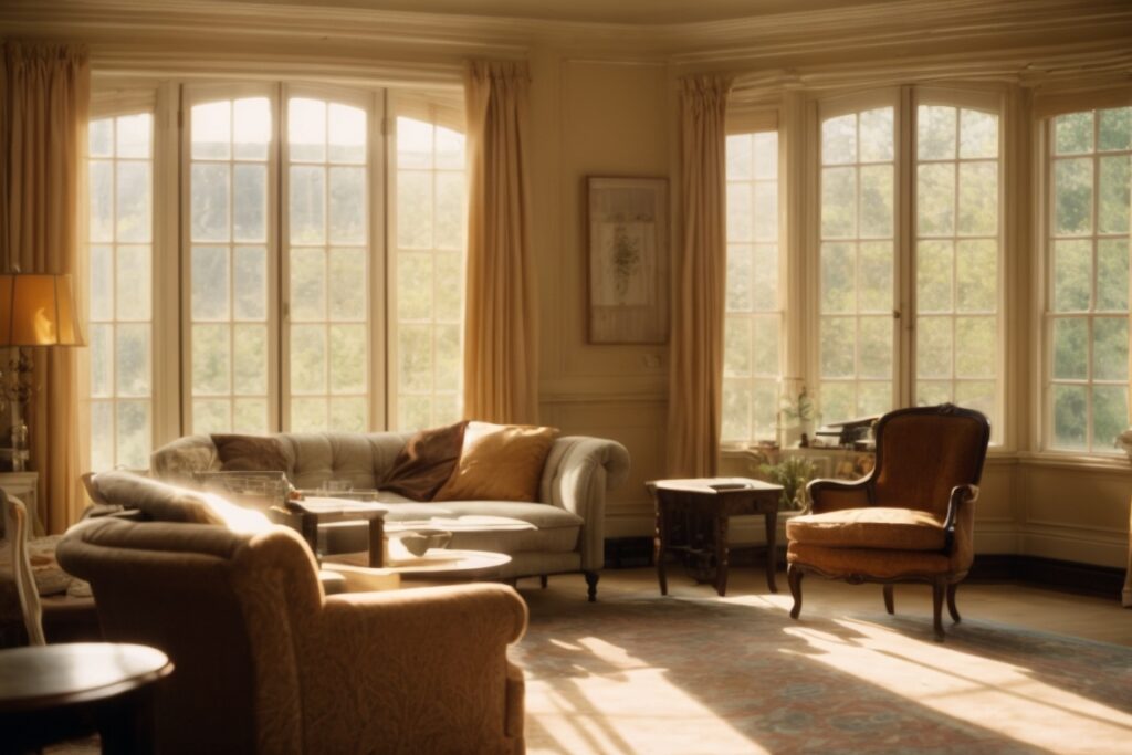 Interior of a sunlit room showing faded furniture and peeling window tint