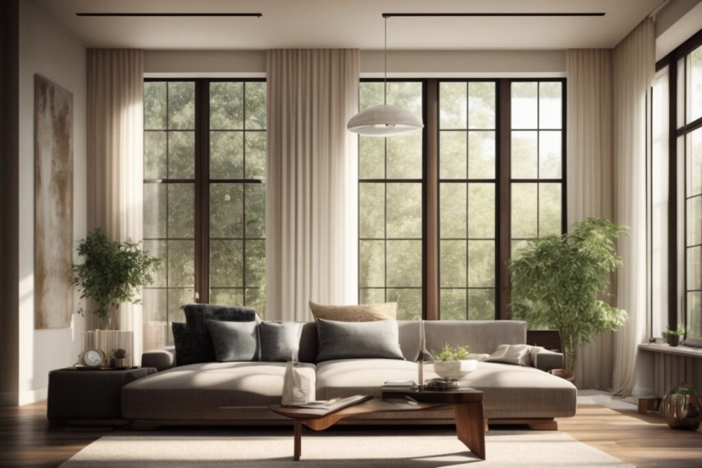 modern living room with opaque privacy window film, stylish furniture, and sunlight filtering through
