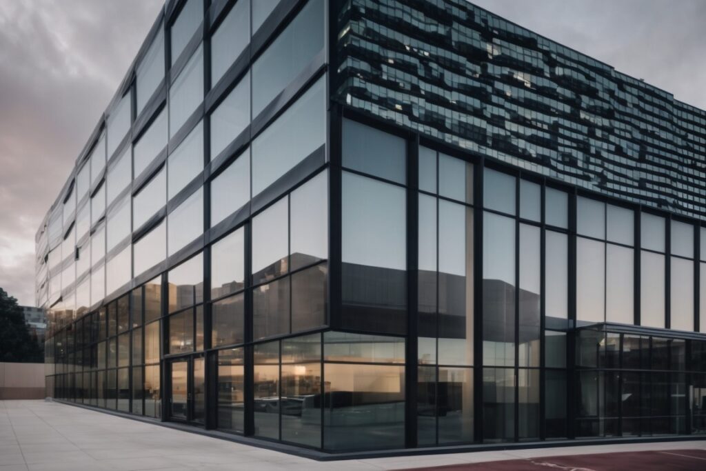 Exterior of a commercial building with opaque window films