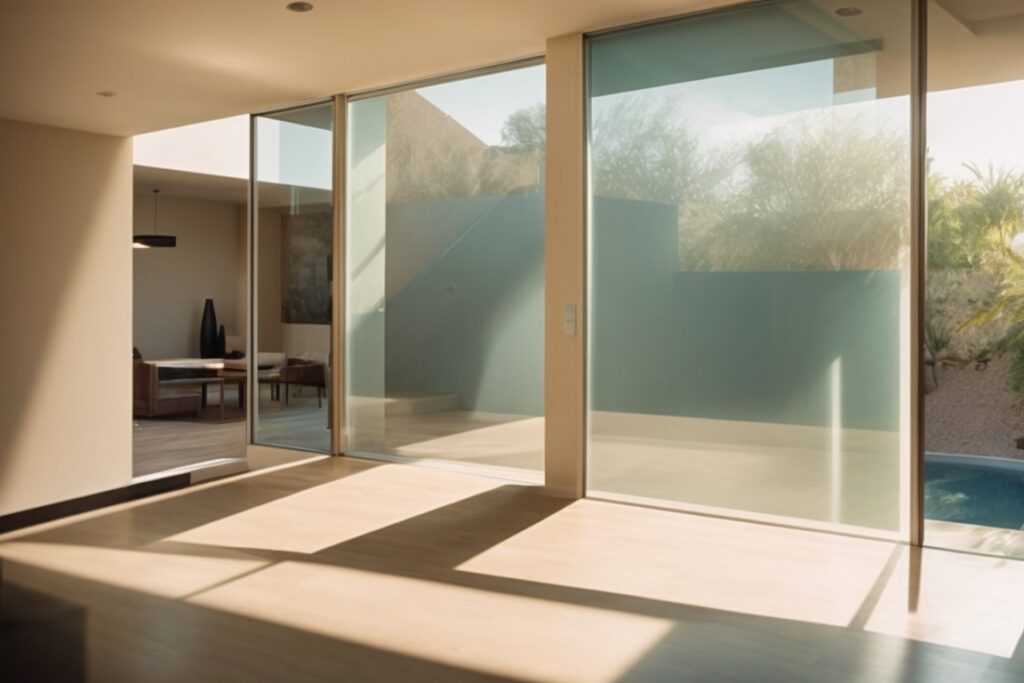 Phoenix home interior with opaque decorative window films filtering sunlight