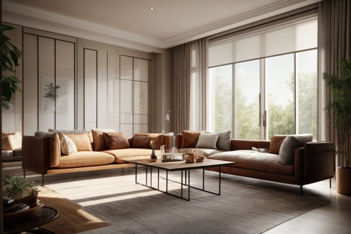 Interior living room with sunlight filtering through heat blocking window film, preserving furnitures and fabrics