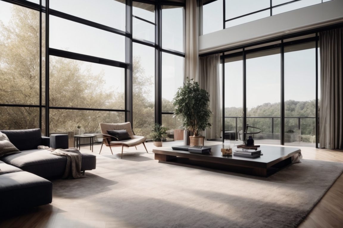 modern living room with large opaque windows, minimalistic design