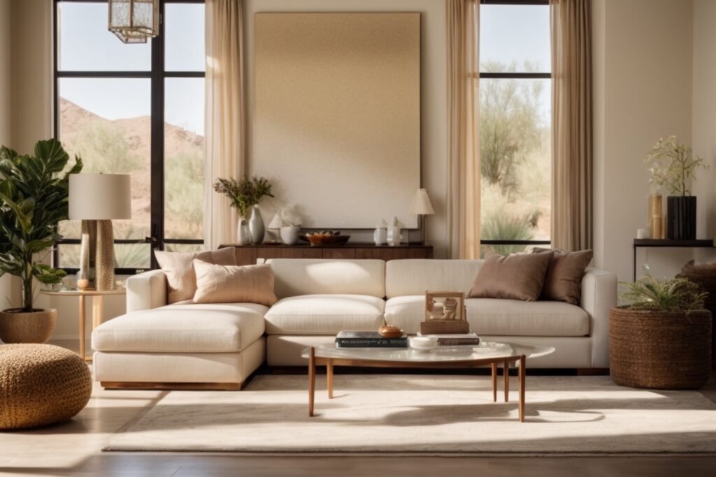 Interior of a Phoenix home with climate control window film, soft sunlight, and comfortable furniture