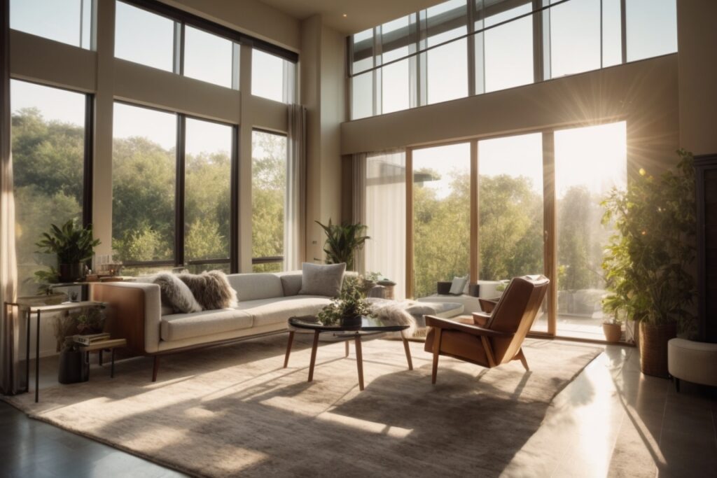 Modern living room with sunlight filtering through sun control window film