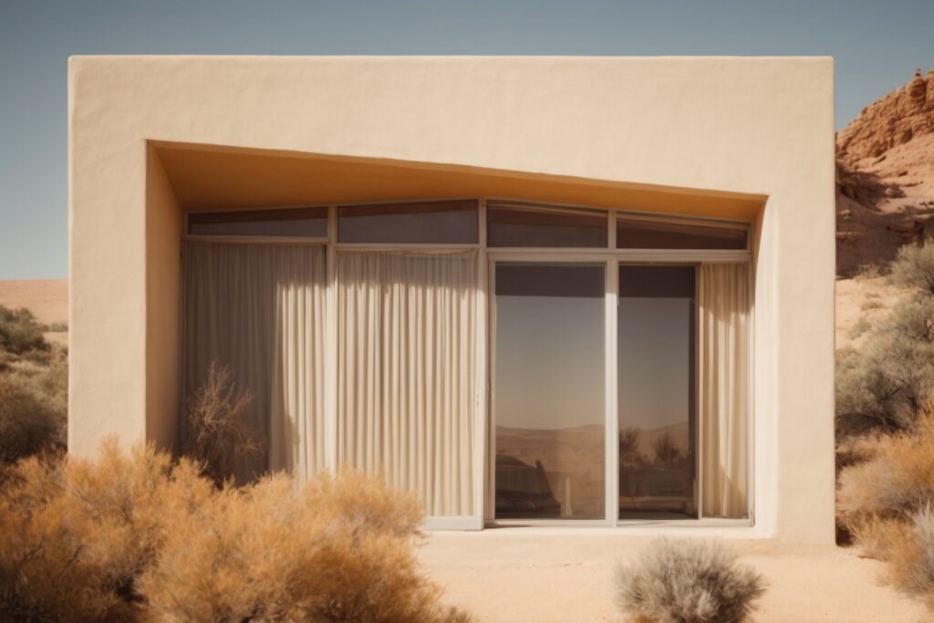 Desert house with deteriorating window film in harsh sunlight