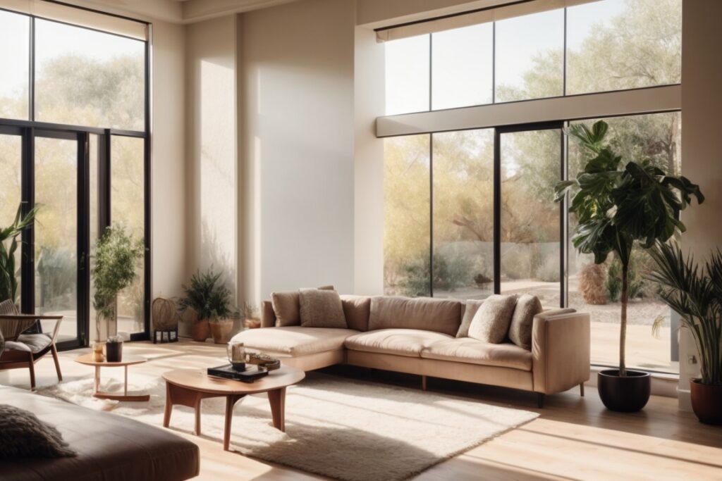 Phoenix home interior with opaque privacy window film, sunlit room, minimalistic decor